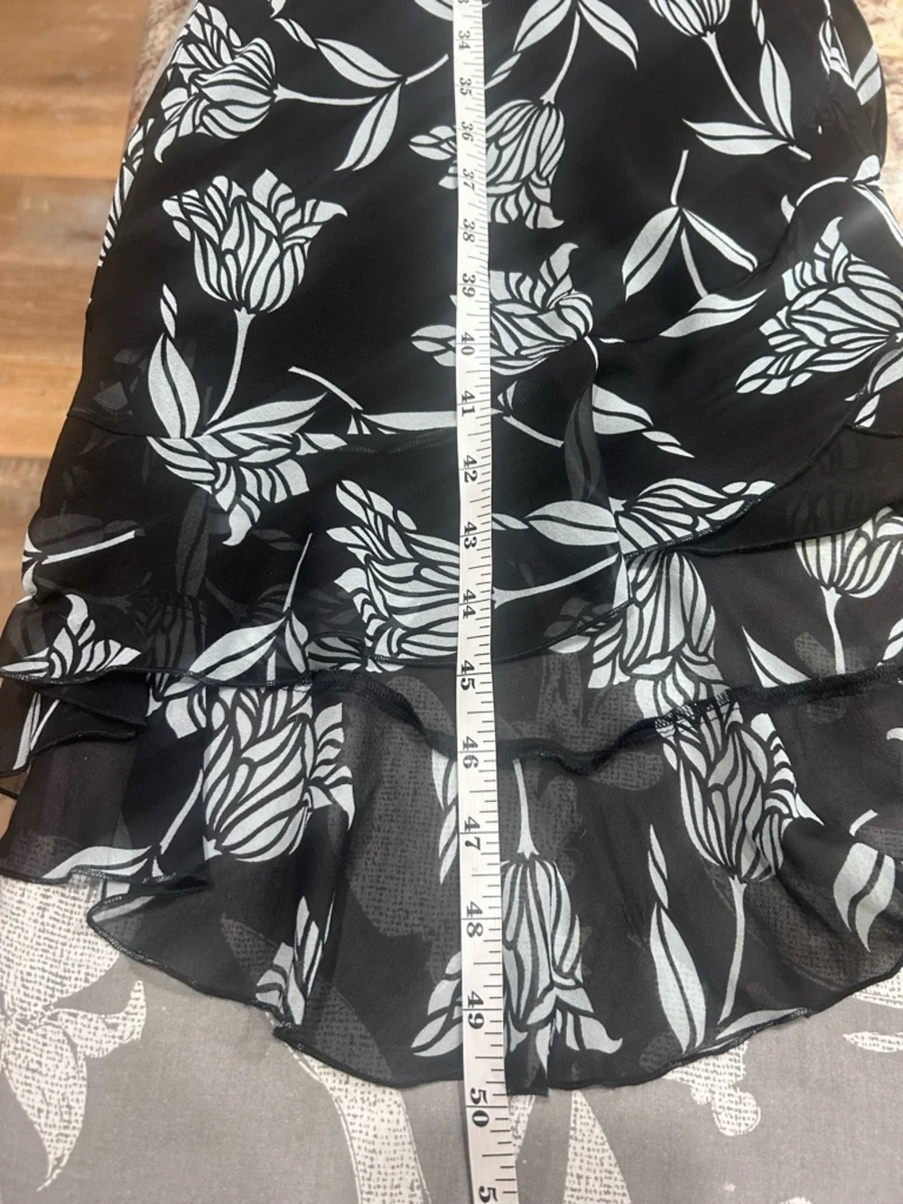 🖤”The Limited” 100% Silk Black & White Floral (Tulips) Hi/Lo Sheer Ruffle Dress🤍 - Picture 11 of 14